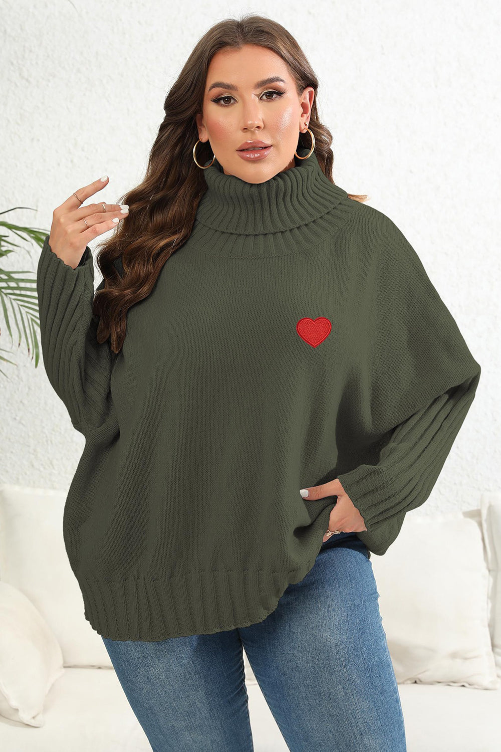 Plus Size Turtle Neck Long Sleeve Sweater Army Green