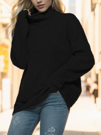 Turtleneck Drop Shoulder Long Sleeve Sweater Black