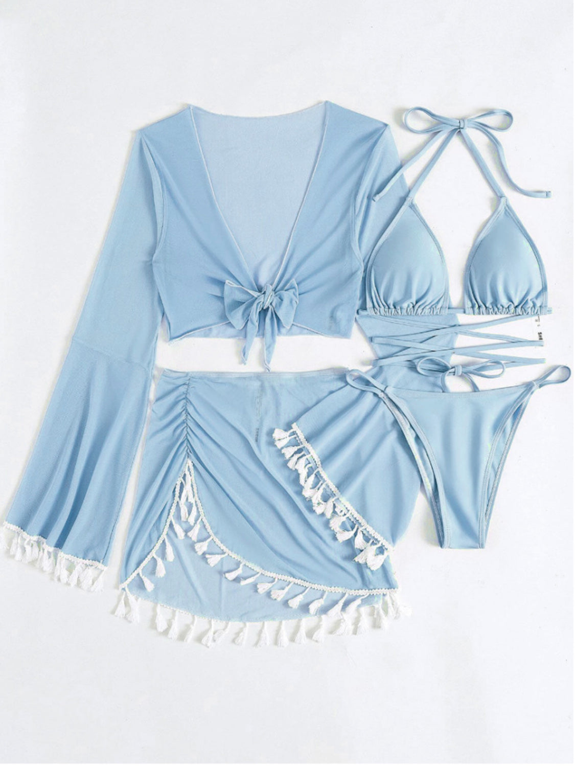 Halter Neck Bra, Bottom, Tassel Flare Sleeve Cover-Up and Skirt Four-Piece Swim Set