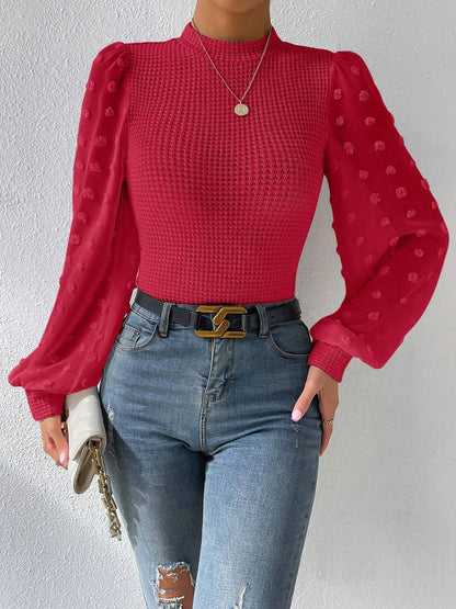 Swiss Dot Waffle-Knit Lantern Sleeve T-Shirt Scarlet