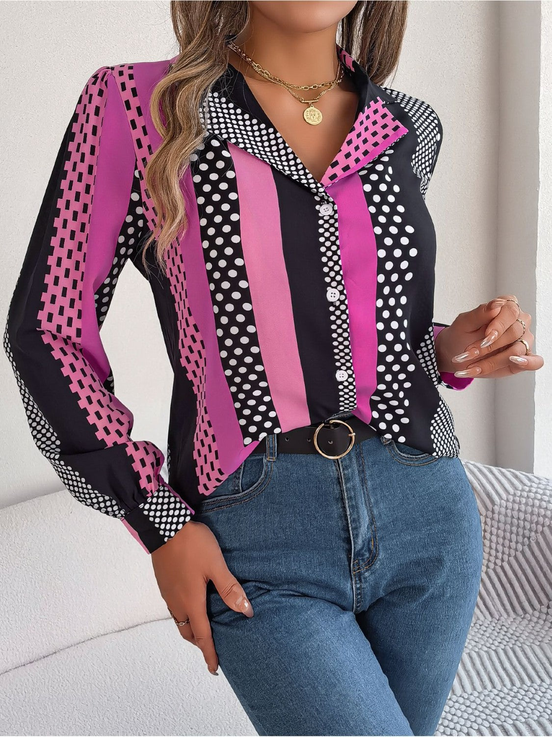 Polka Dot Contrast Long Sleeve Shirt