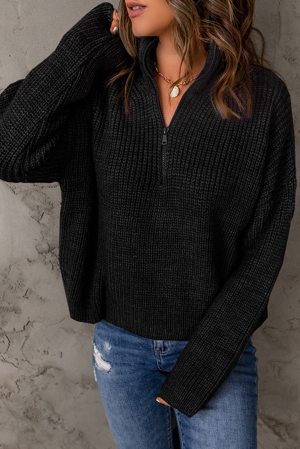 Woven Right Half Zip Rib-Knit Dropped Shoulder Sweater