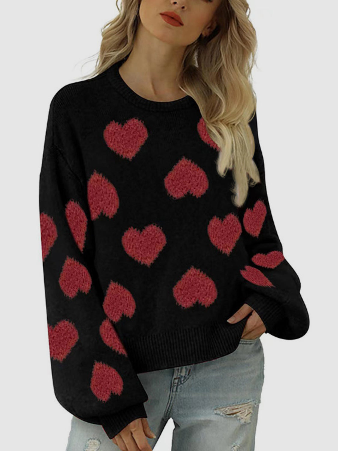 Heart Round Neck Dropped Shoulder Sweater Black