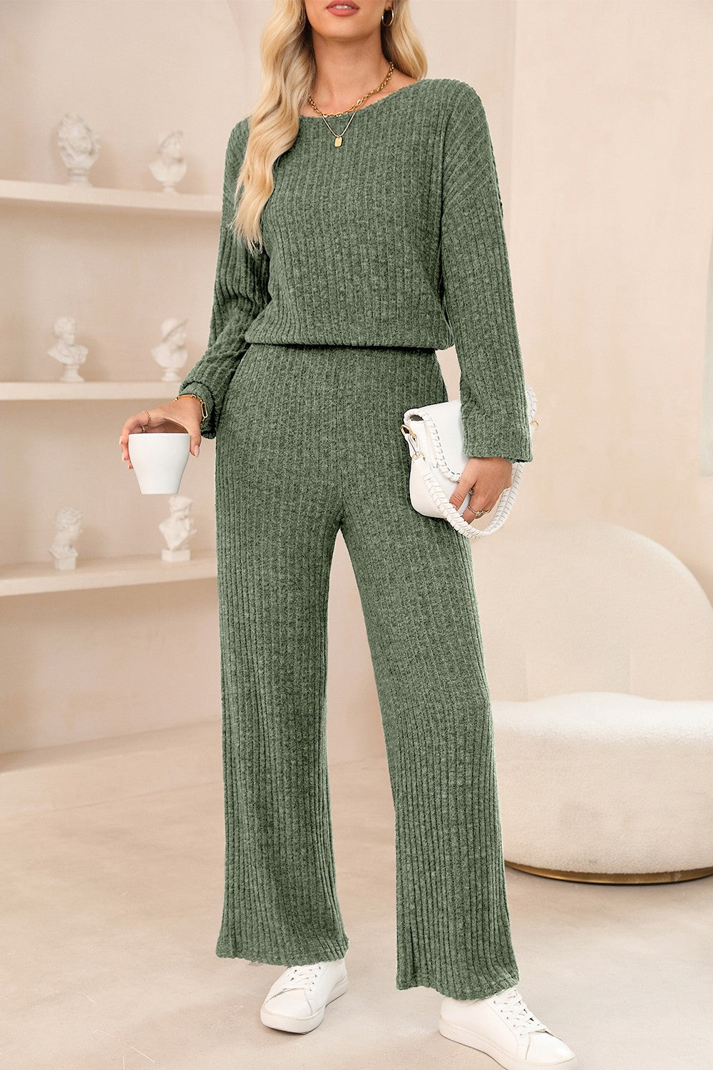 Round Neck Long Sleeve Jumpsuit Sage