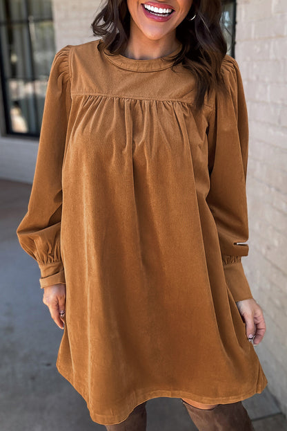 Desert Gold Corduroy Pleated Puff Sleeve Shift Short Dress Desert Gold 100%Polyester