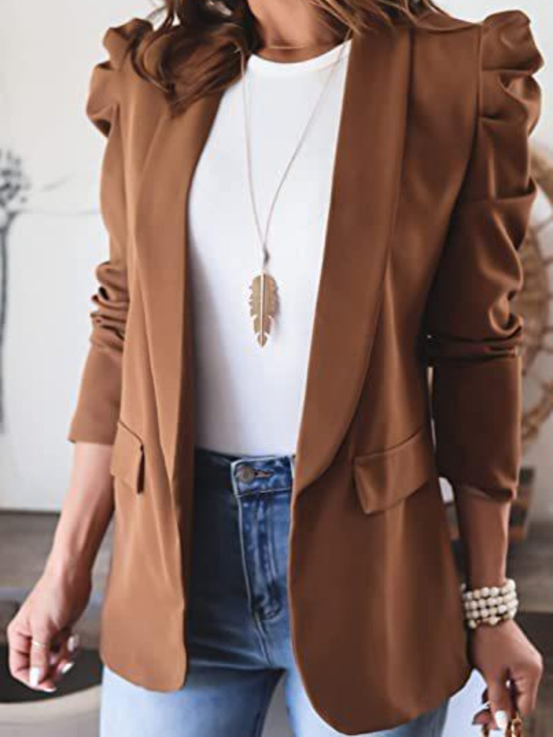 Collared Neck Puff Sleeve Blazer Brown