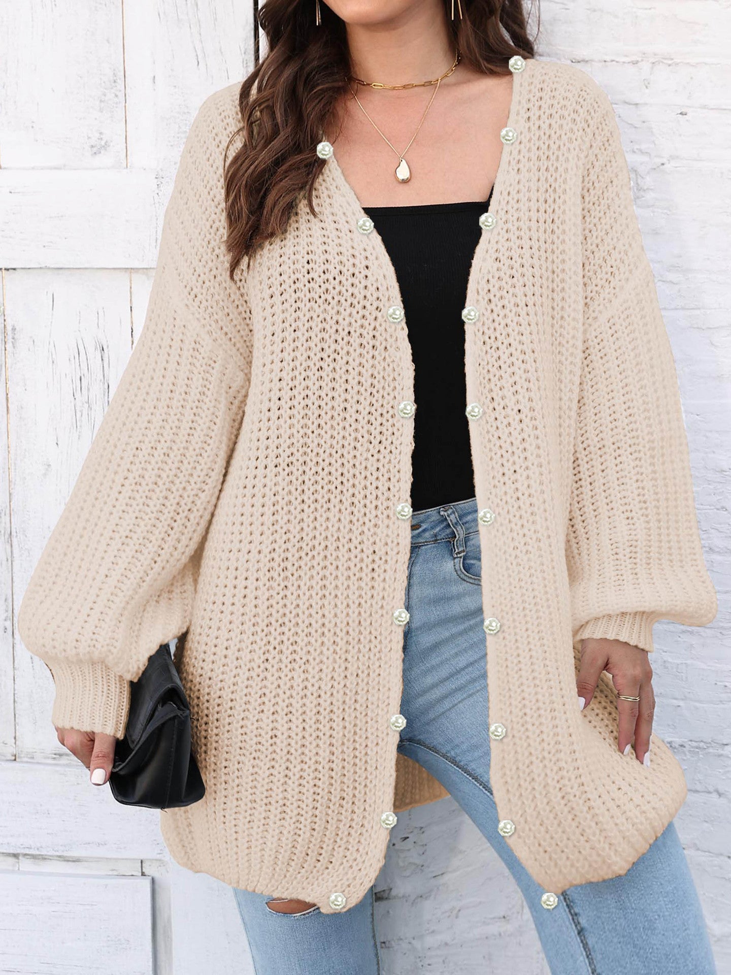 Open Front Long Sleeve Cardigan Tan One Size