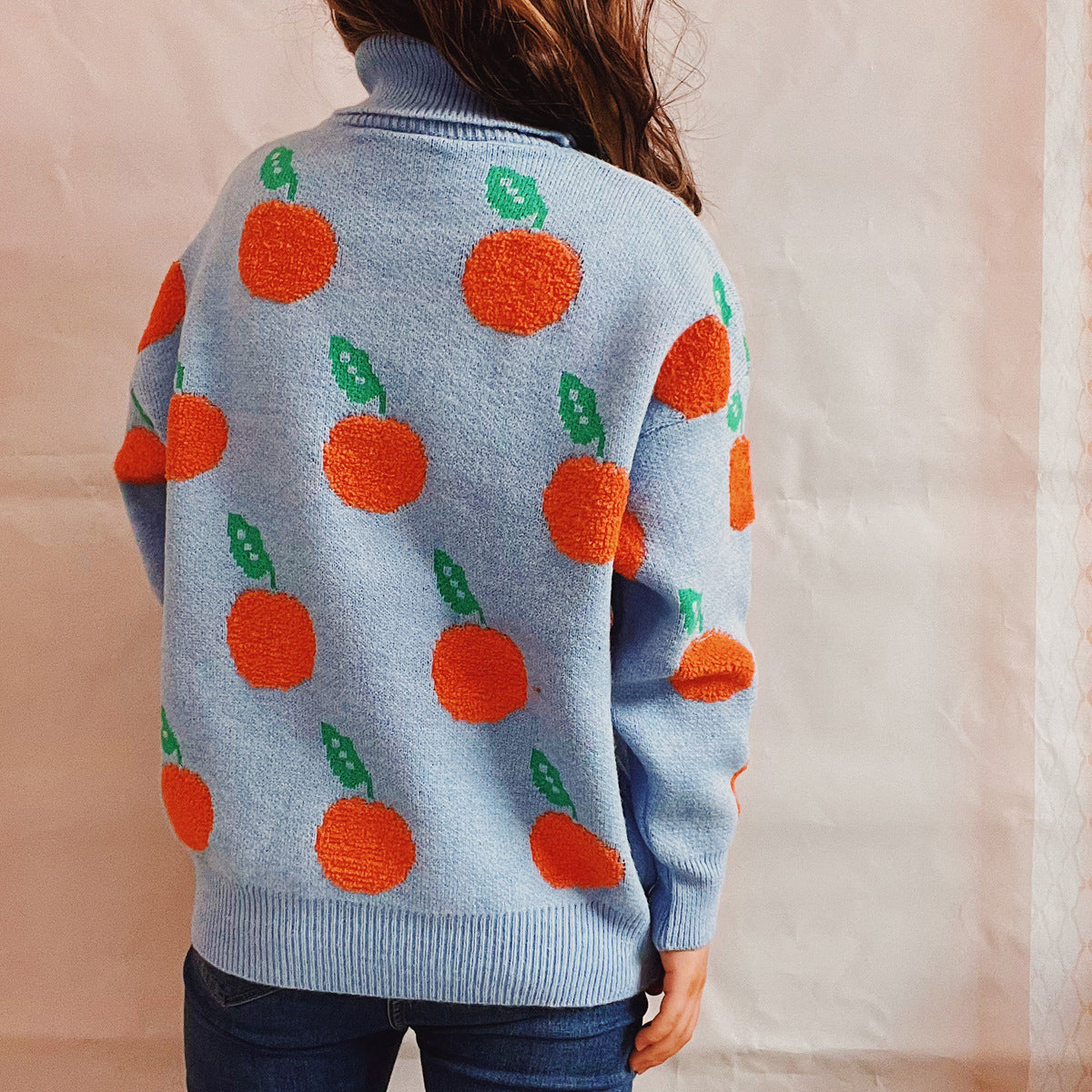 Fruit Pattern Turtleneck Dropped Sweater