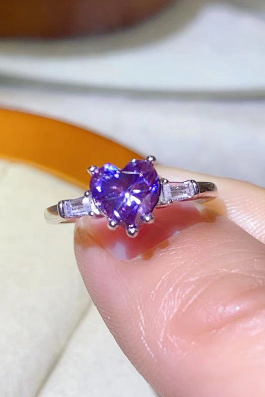 1 Carat Moissanite Heart-Shaped Platinum-Plated Ring in Purple Purple