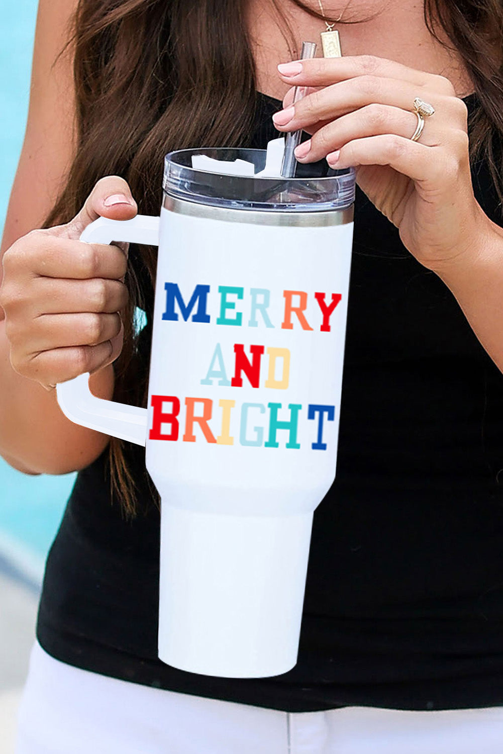 White Colorful MERRY AND BRIGHT Stainless Steel Vacuum Cup 40oz