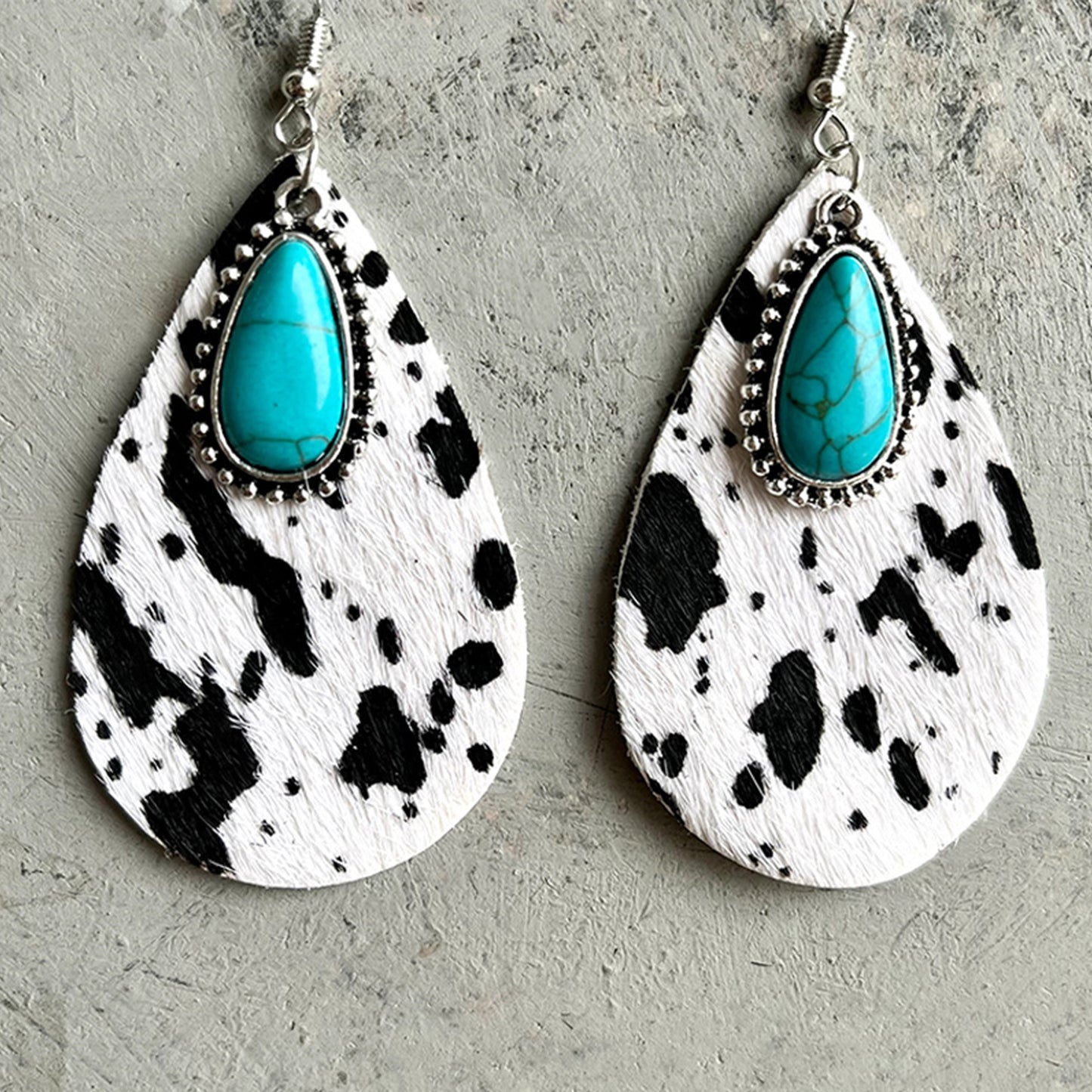 Artificial Turquoise Teardrop Earrings Cow Print One Size