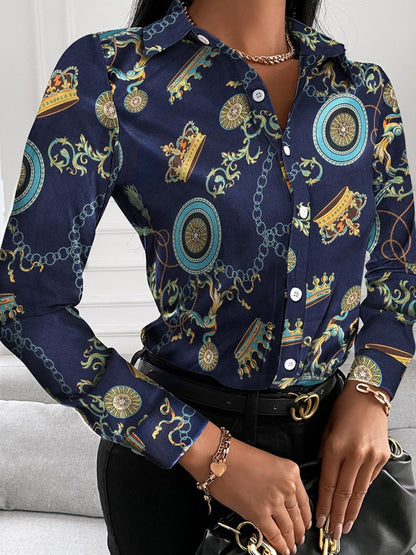 Printed Collared Neck Long Sleeve Shirt French Blue