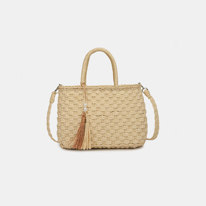 Braided Strap Paper Weave Shoulder Bag Beige One Size