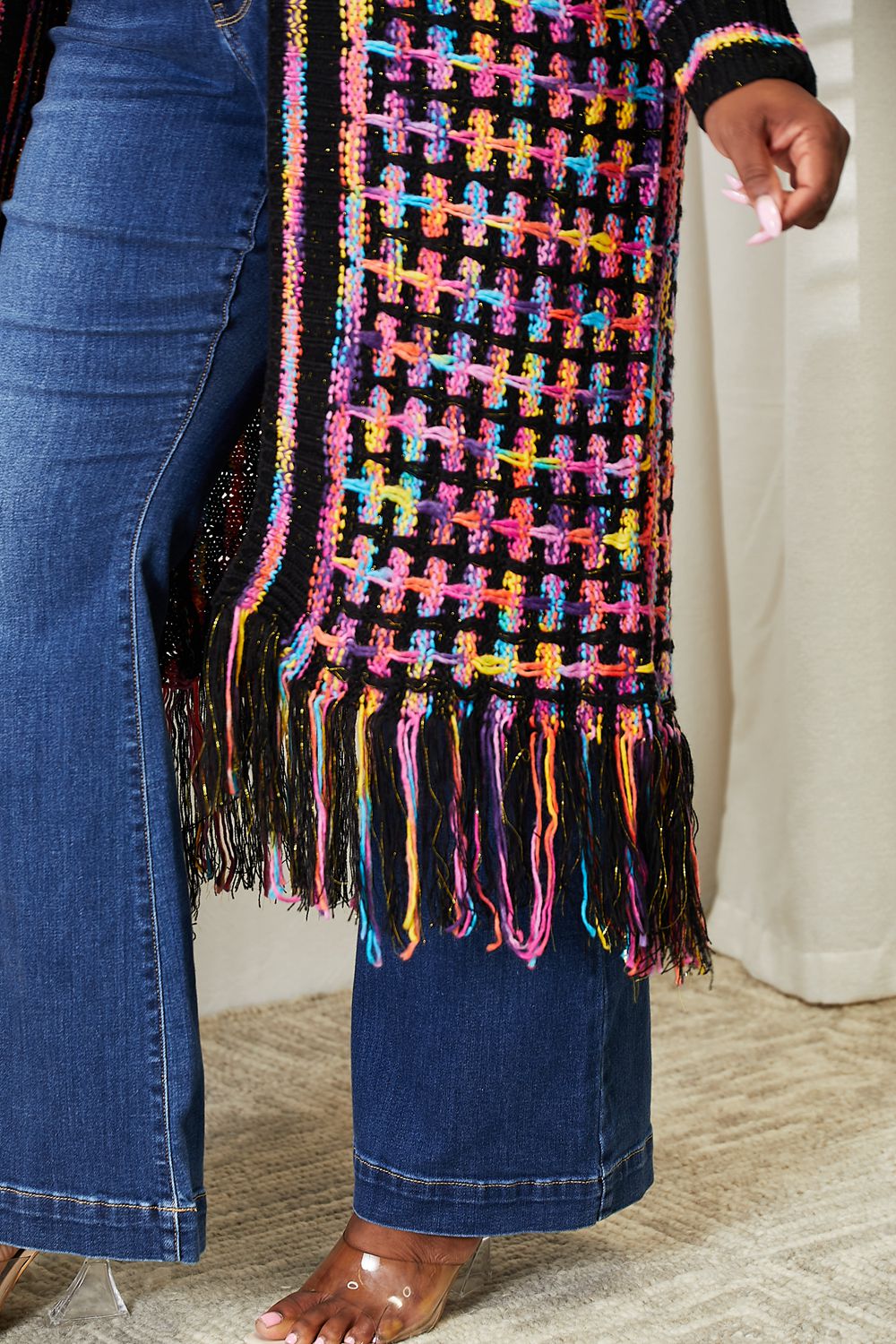 Full Size Multicolored Open Front Fringe Hem Cardigan