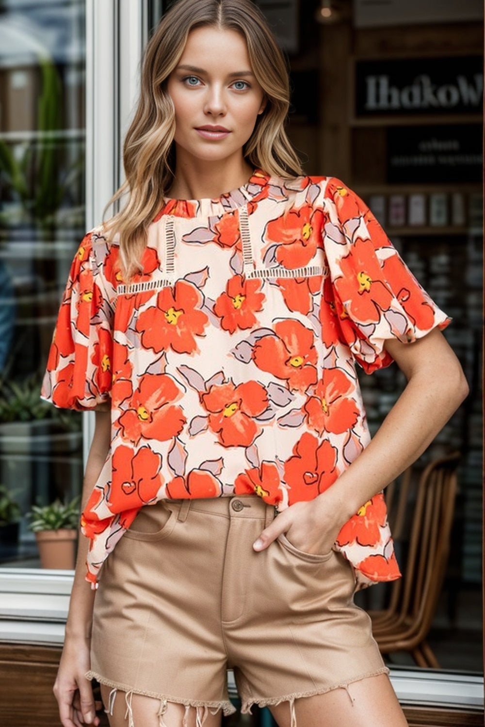 Printed Round Neck Short Sleeve Blouse Caramel