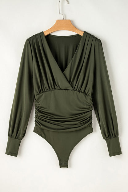 Moss Green Ruched Wrap V Neck Long Sleeve Bodysuit