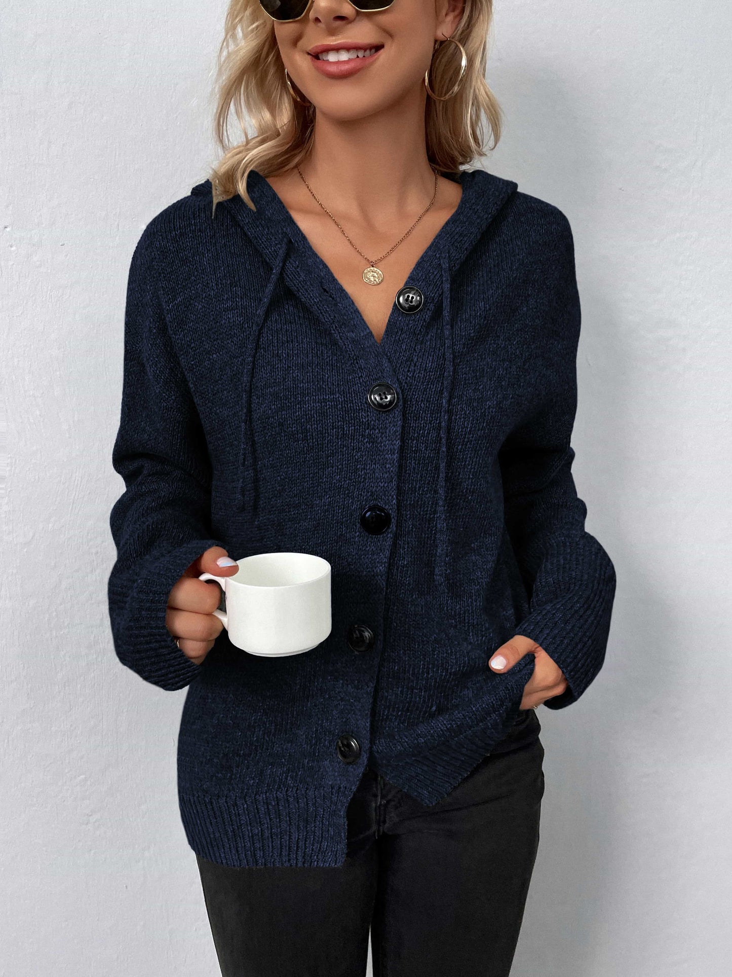 Button-Down Long Sleeve Hooded Sweater Dark Blue