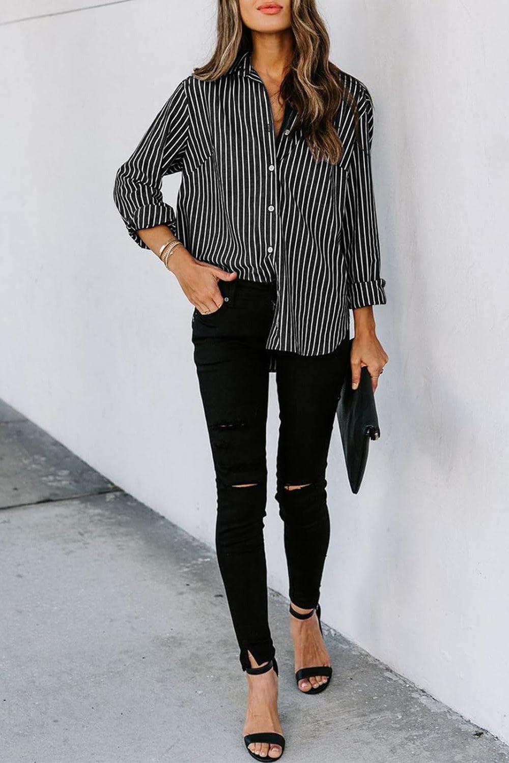 Striped Button Up Long Sleeve Shirt - Thandynie