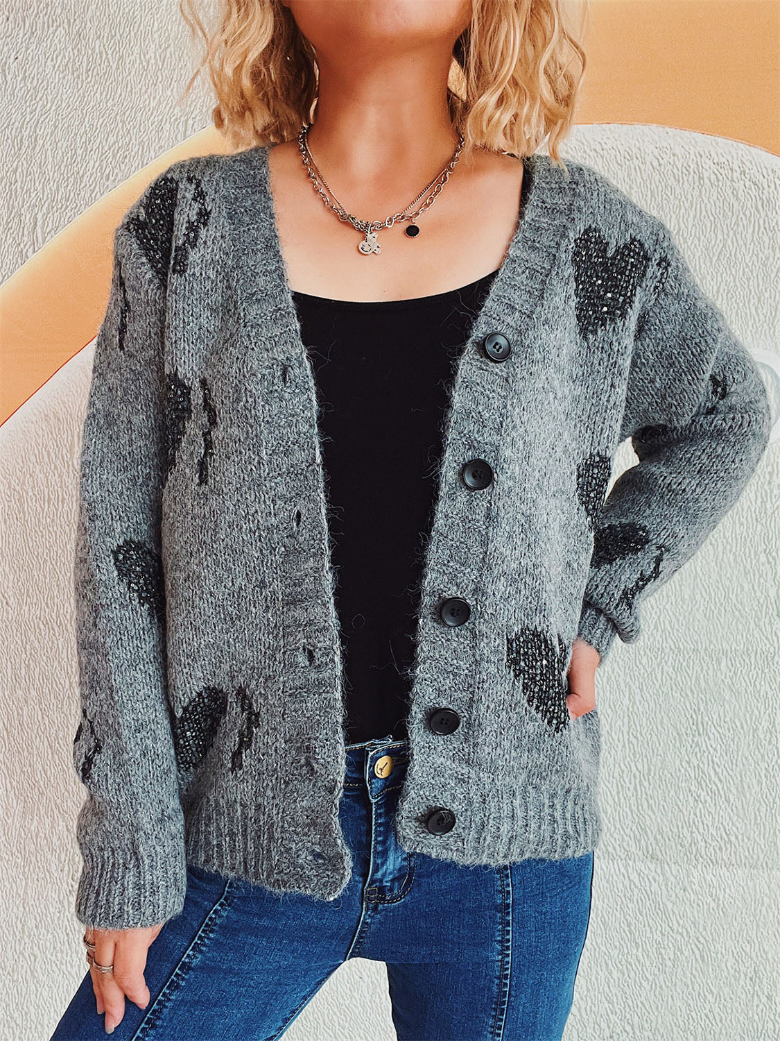 Heart Button Up Long Sleeve Cardigan Dark Gray One Size