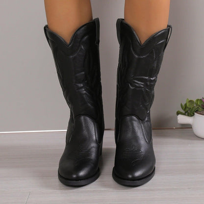 PU Leather Point Toe Block Heel Boots