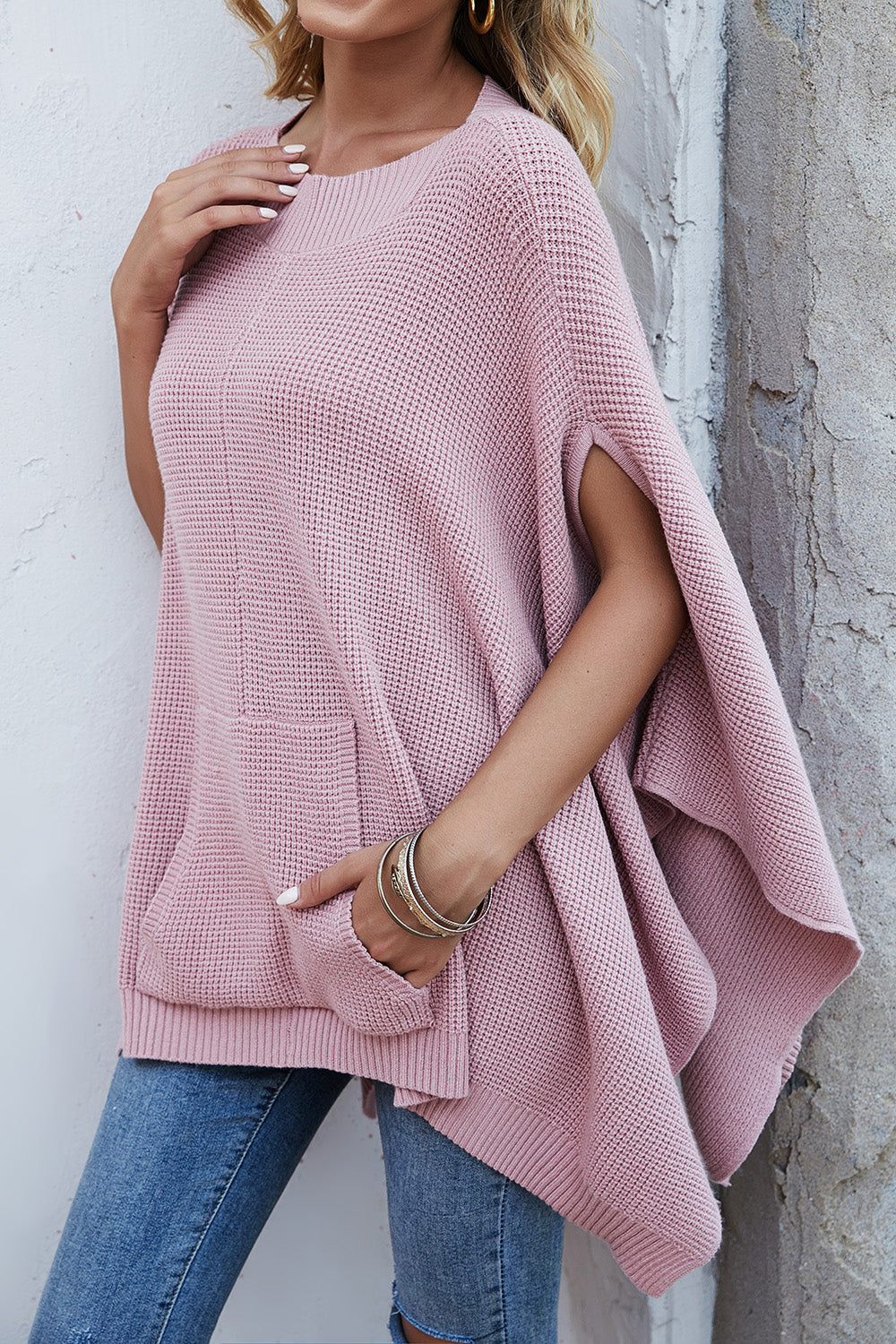 Waffle-Knit Pocketed Cape Sleeve Sweater - Thandynie
