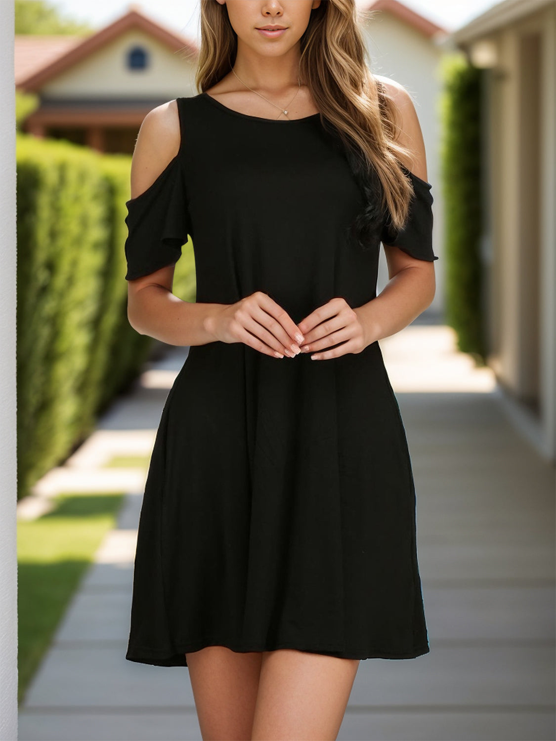 Round Neck Cold Shoulder Mini Dress Black