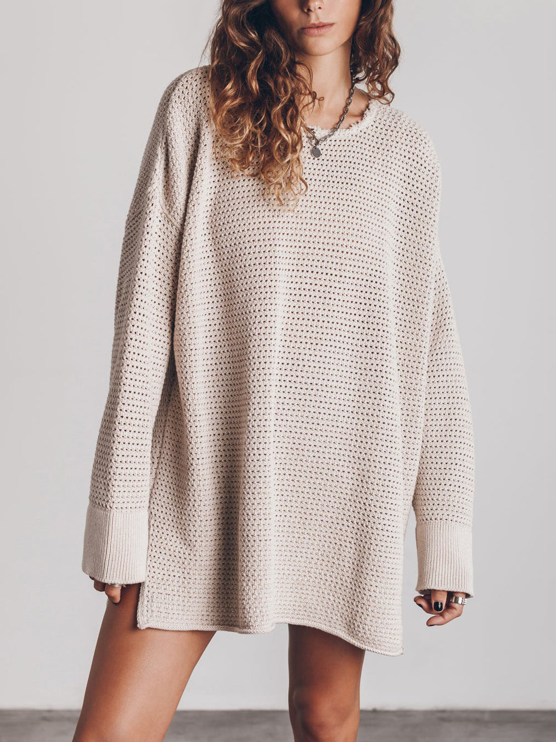 Openwork Round Neck Long Sleeve Slit Sweater