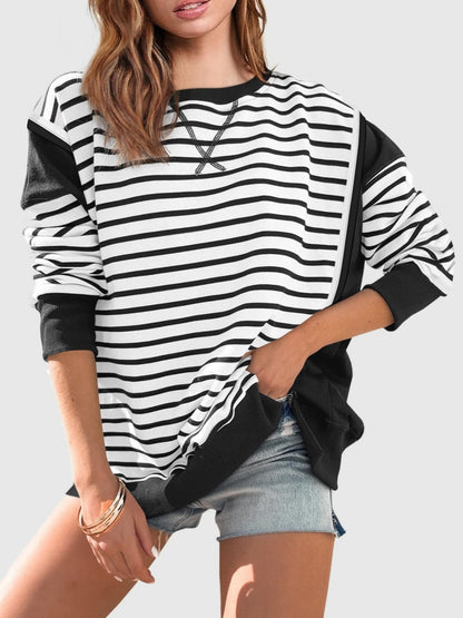 Slit Exposed Seam Striped Long Sleeve Sweatshirt Black