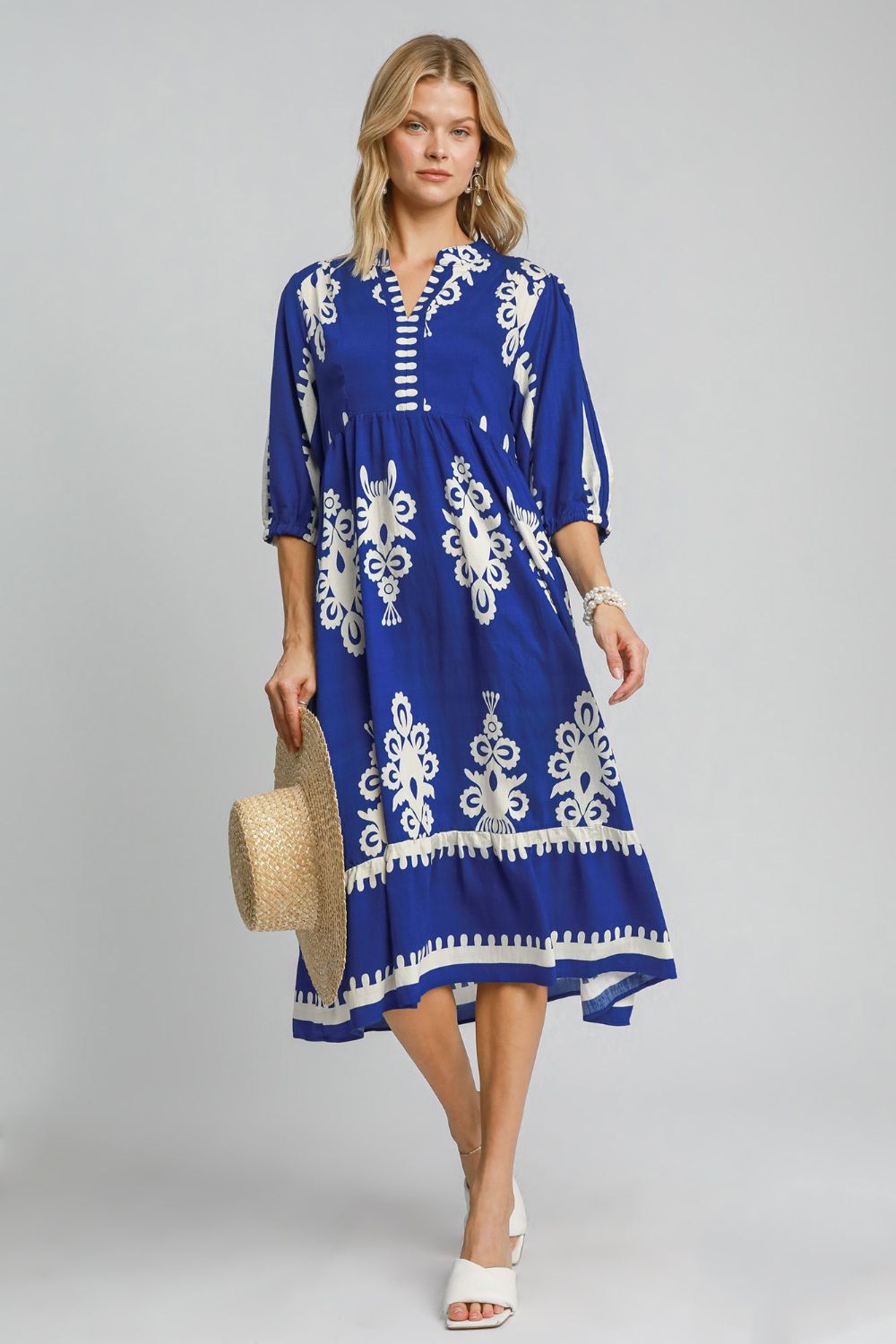 Umgee Printed Notched Midi Dress Royal Blue