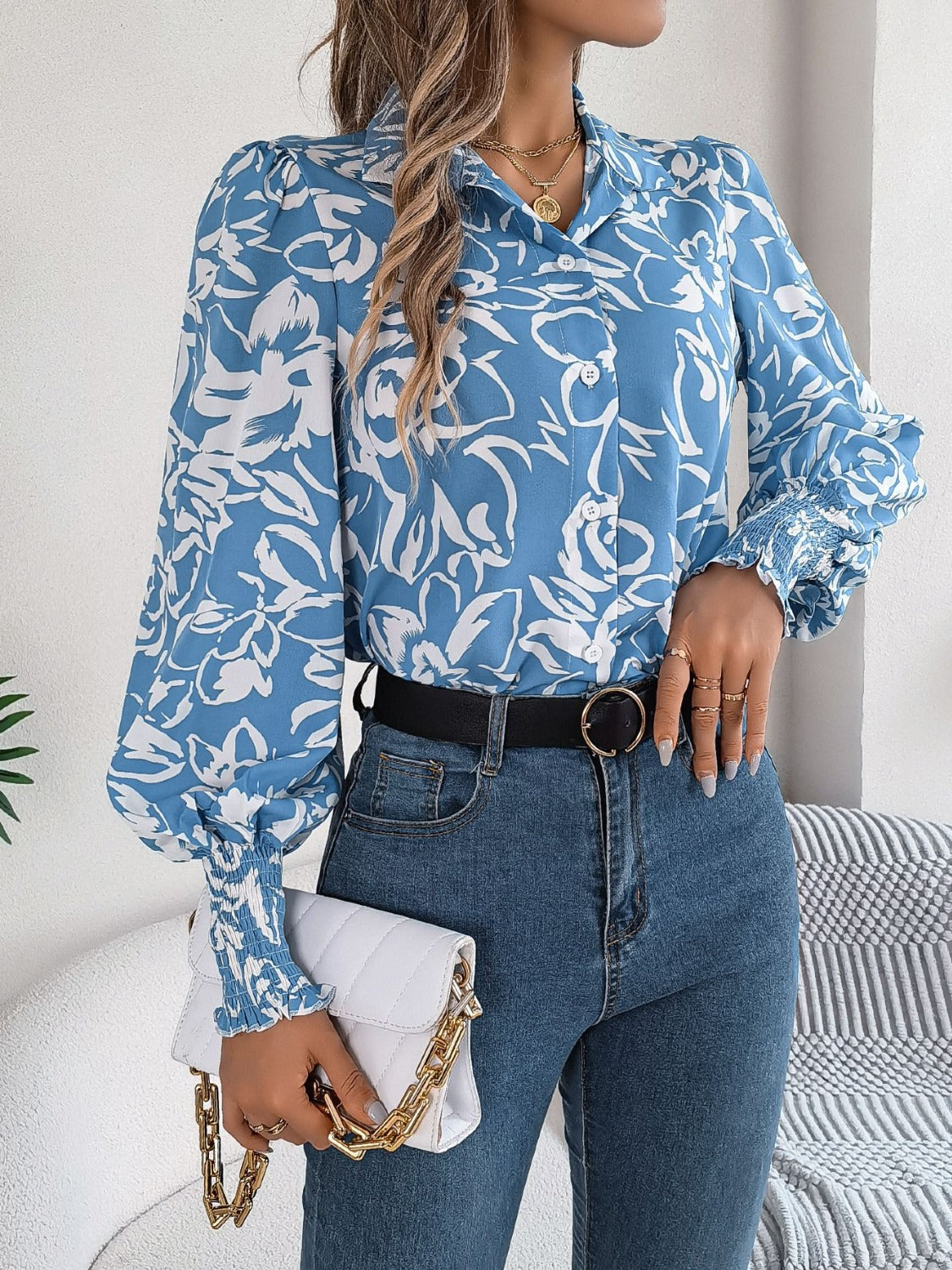 Printed Collared Neck Lantern Sleeve Shirt - Thandynie