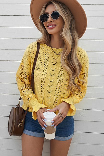 Openwork Lantern Sleeve Dropped Shoulder Sweater Yellow