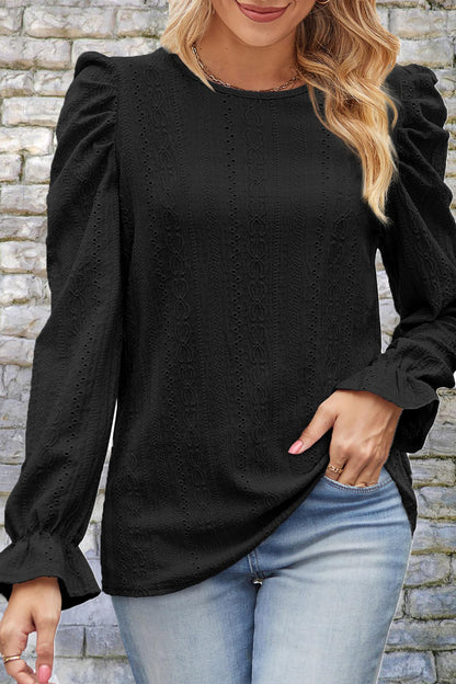 Round Neck Puff Sleeve Blouse Black