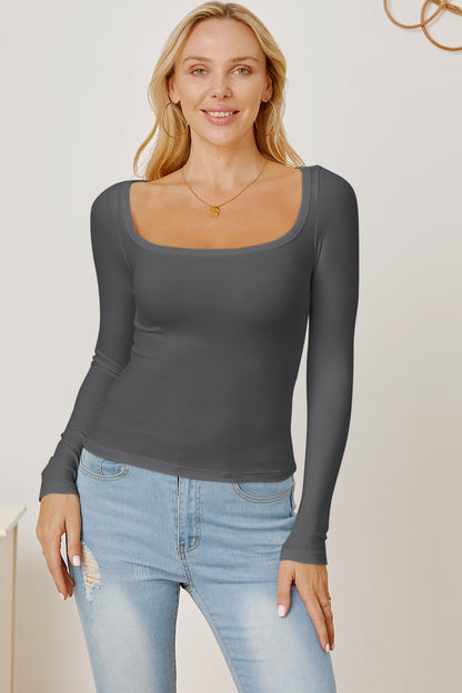 Square Neck Long Sleeve T-Shirt Dark Gray