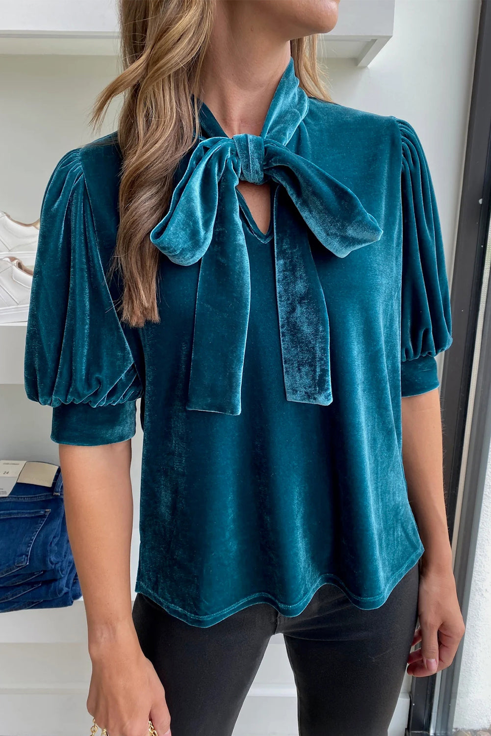 Tie Neck Half Sleeve Blouse Deep Teal