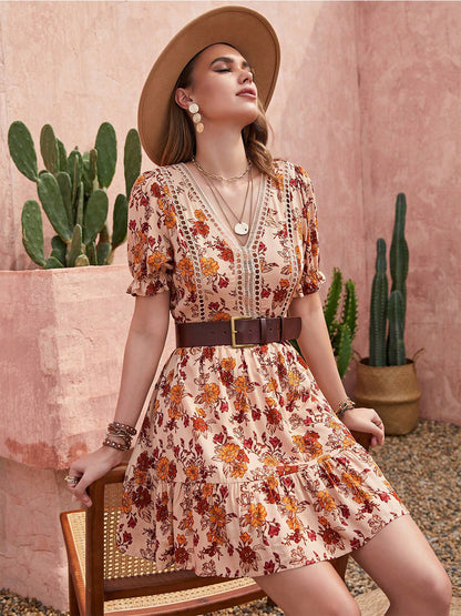 Floral V-Neck Flounce Sleeve Ruffle Hem Dress Sherbet