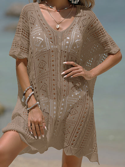 Openwork Half Sleeve Cover-Up Khaki One Size