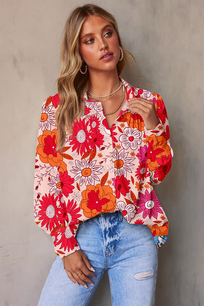 Printed Collared Neck Long Sleeve Shirt Orange-Red