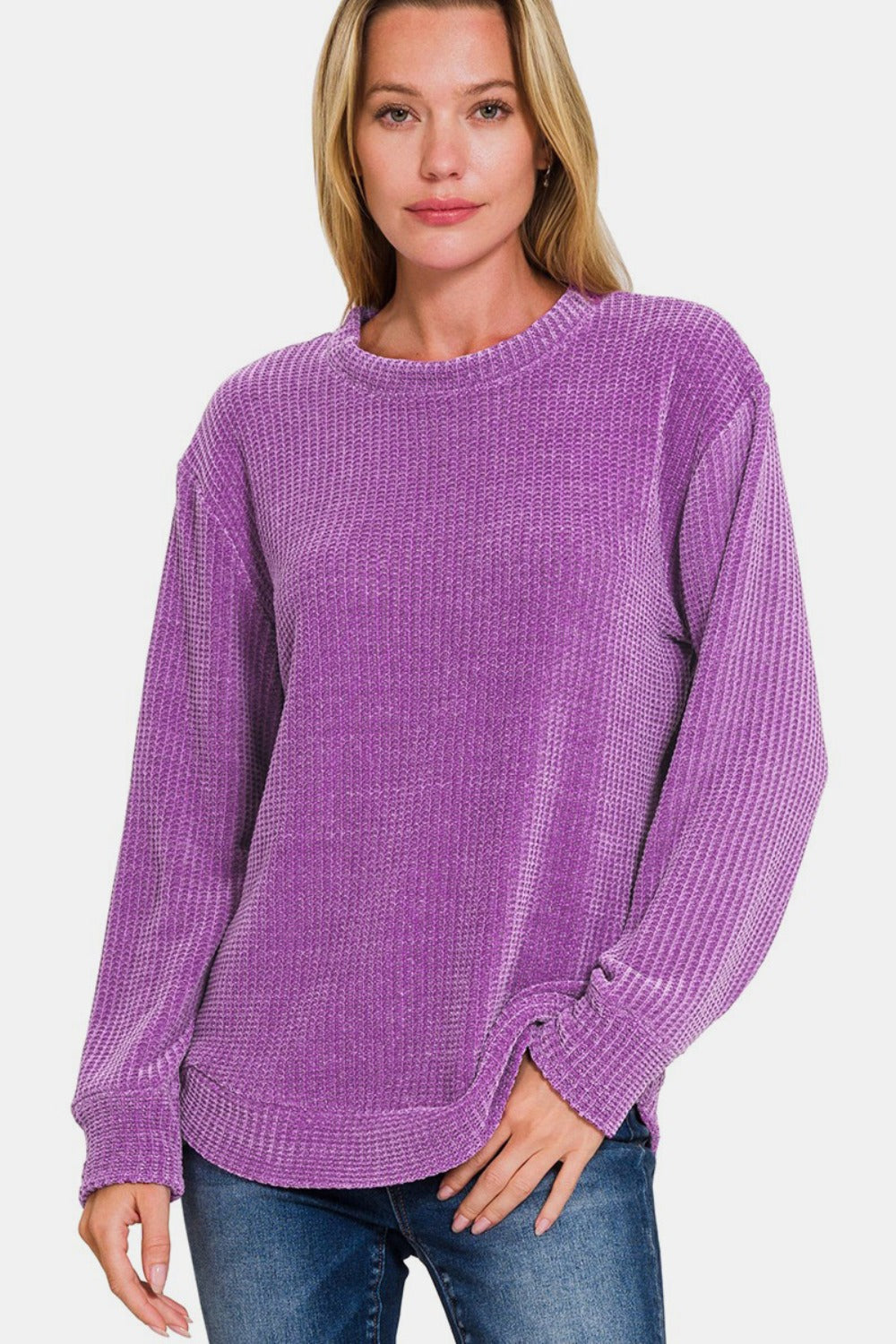 Zenana Chenille Waffle Round Neck Sweater Violet