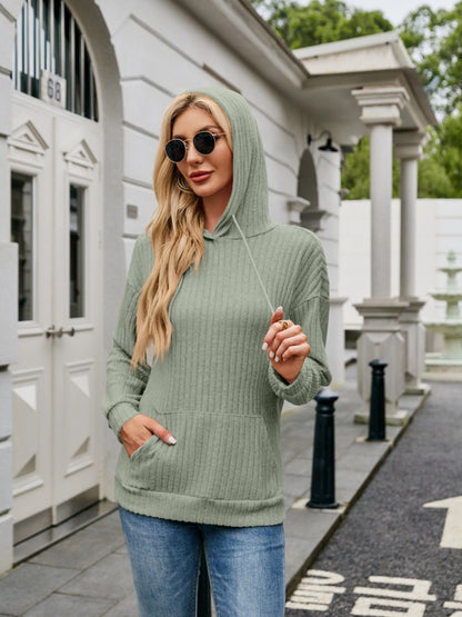 Ribbed Drawstring Long Sleeve Hoodie Sage