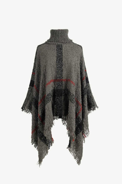 Plaid Turtleneck Raw Hem Poncho Charcoal One Size