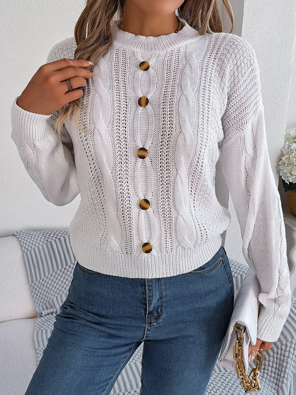 Cable-Knit Buttoned Round Neck Sweater White