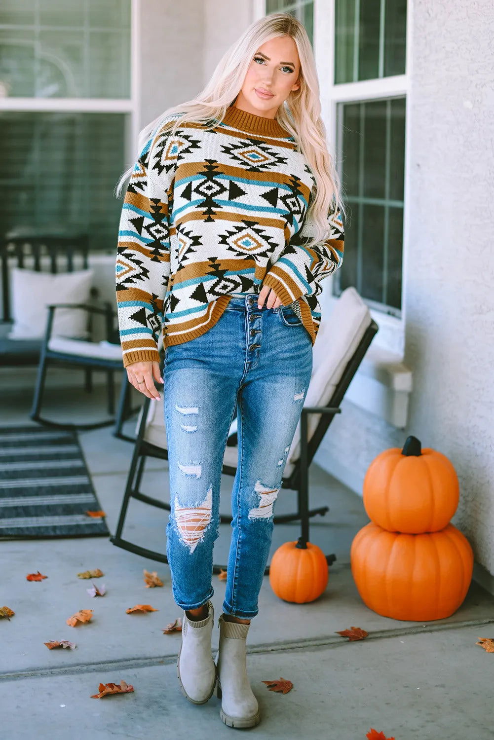 Full Size Geometric Round Neck Long Sleeve Sweater