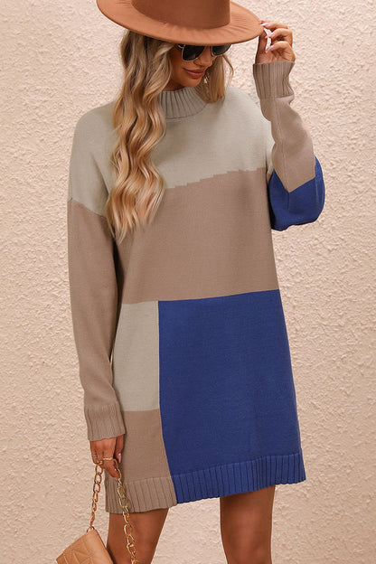 Color Block Mock Neck Dropped Shoulder Sweater Dress Camel