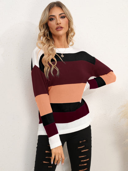 Striped Round Neck Dropped Shoulder Sweater