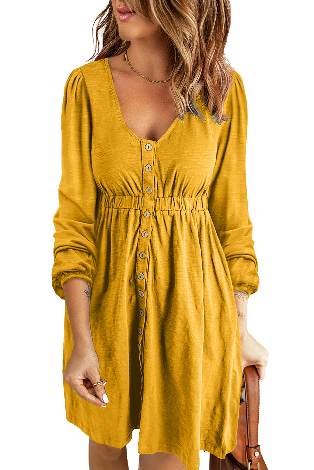 Yellow Button Up High Waist Long Sleeve Dress