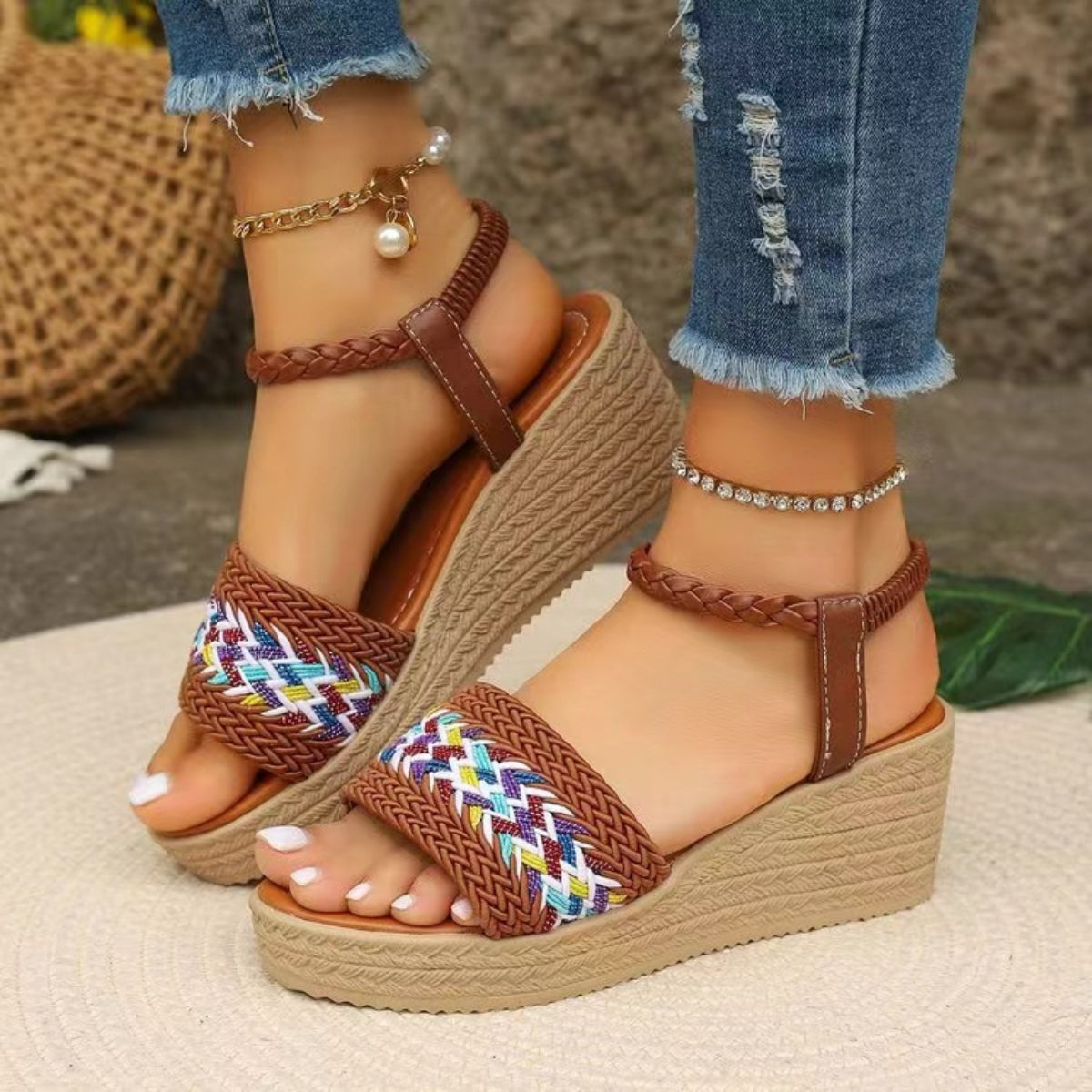 Open Toe Wedge Woven Sandals - Thandynie