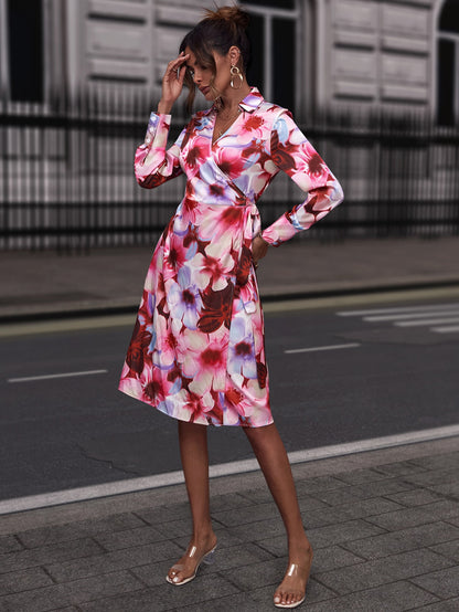 Floral Print Collared Neck Slit Dress