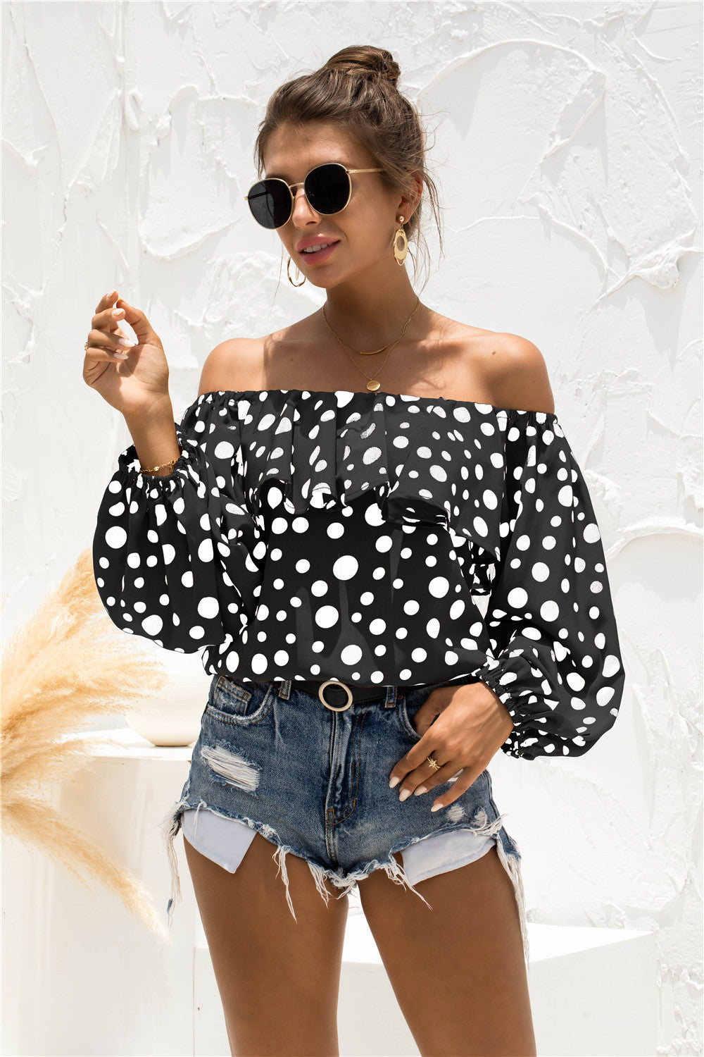 Polka Dot Off-Shoulder Layered Blouse - Thandynie