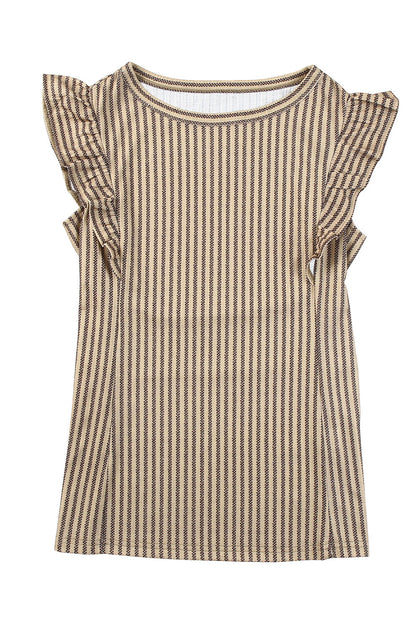 Khaki Striped Crew Neck Ruffled Tank Top