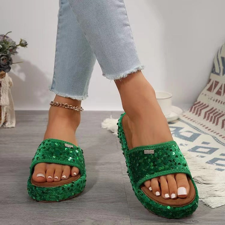 Sequin Trim Open Toe Sandals - Thandynie